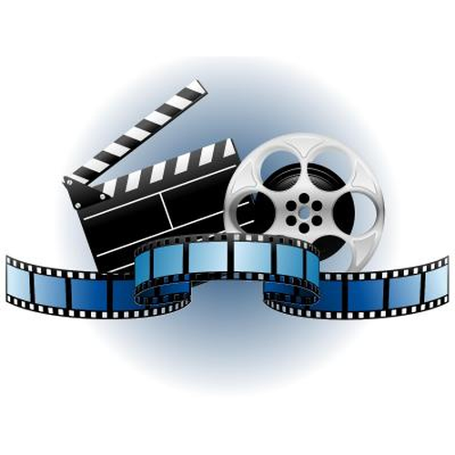 Ilustração contendo um trecho de fita de filme de cinema no primeiro plano, 
        em segundo plano uma claquete a esquerda e um rolo de filme de cinema  a direita um fundo branco com um círculo azul no centro.